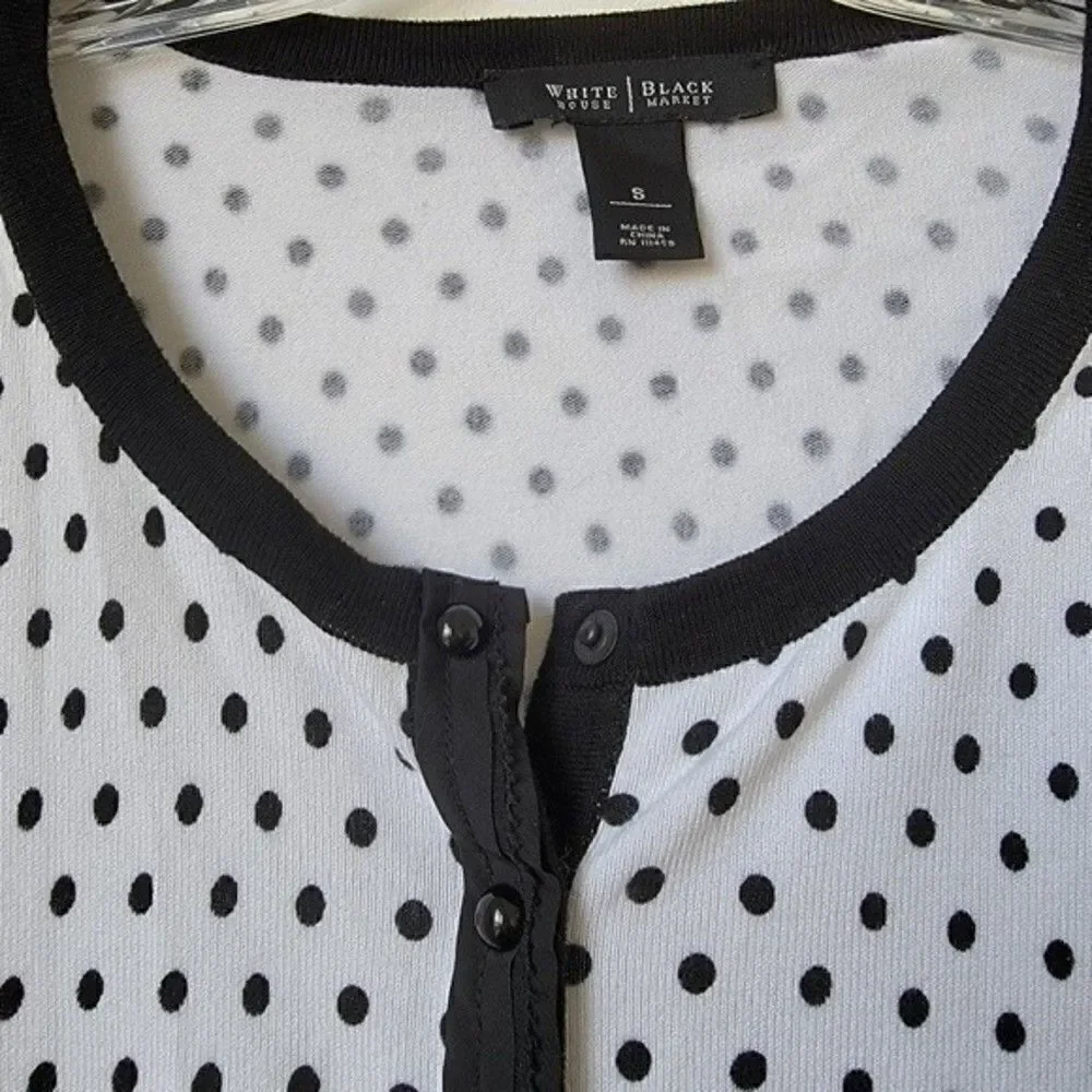 WHITE House Black Market Polka Dot Print Black White 3/4 Sleeve Cardigan Small - Picture 2 of 9